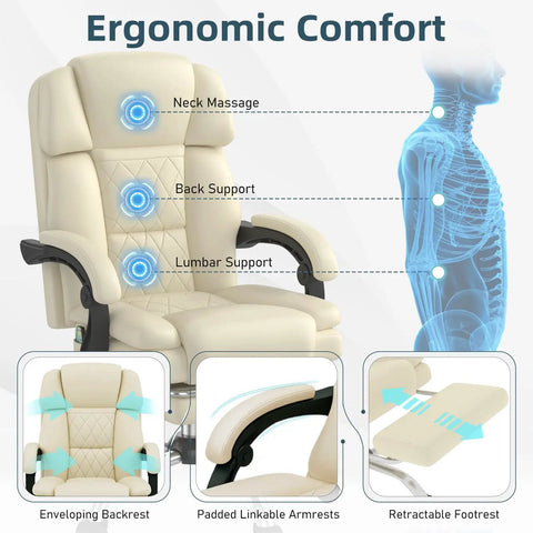 Six Point Massage Office Chair With Heat Ergonomic Reclining Desk Chair With Footrest PU Leather Executive Chair, lumbar support