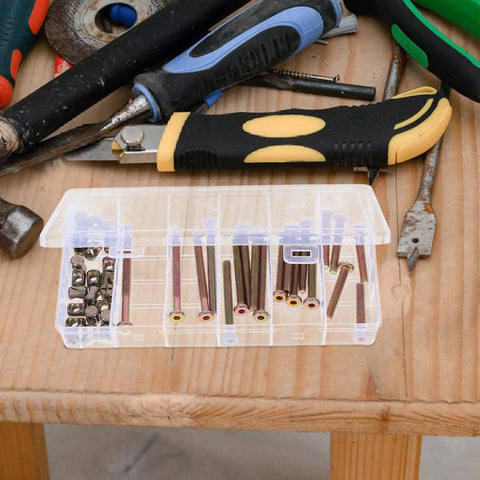49Pc M6 Hex Socket Head Cap Screws And Barrel Nut Set in box on workbench with tools, ideal for bed bolts, DIY projects