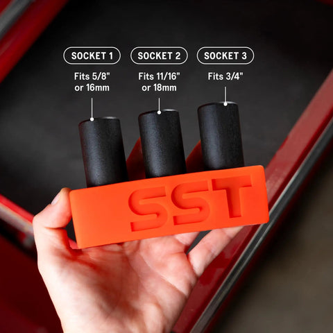 Tap Socket Wrench Three Piece Adapter Set For Quick Threading Snug Secure Durable black metal sockets in orange holder