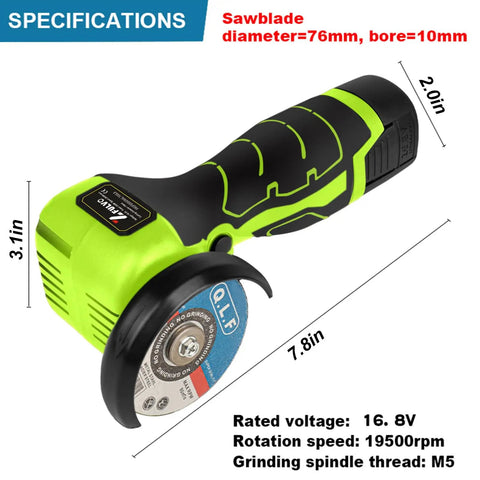 Cordless Angle Grinder Kit With 19500rpm High Speed, 16.8V 2000mAh batteries, dimensions 7.8in x 3.1in, side view.
