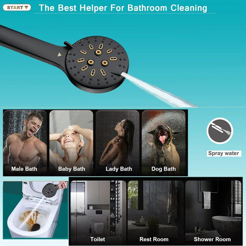 Image of a 12 Inch High Pressure Square Shower Head With 6 Function Adjustable Handheld Spray, shown cleaning toilet and used in various baths.