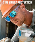 Tough As Nails Wraparound Safety Sunglasses Featuring Detachable Side Shields Impact Resistant Tinted Lenses blocking wind and debris on a man in an orange hard hat.