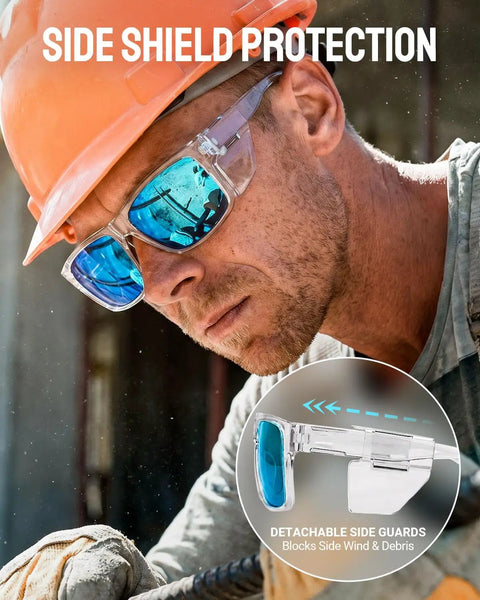 Tough As Nails Wraparound Safety Sunglasses Featuring Detachable Side Shields Impact Resistant Tinted Lenses blocking wind and debris on a man in an orange hard hat.