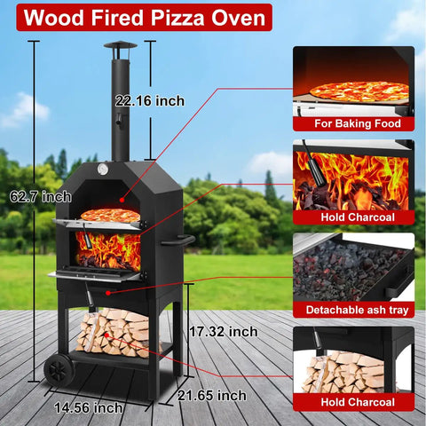 Wood Fired Outdoor Pizza Oven For Backyard Cooking With 12 Inch Pizza Stone Peel Grill Rack And Waterproof Cover, shown on patio