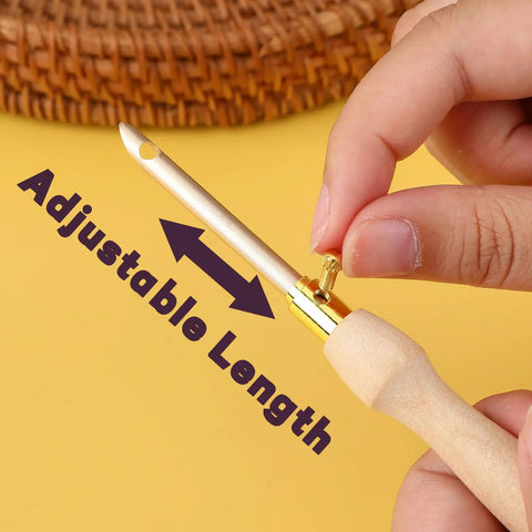 Close-up of an adjustable wooden handle needle from 13 Piece Punch Needle Kit With Wooden Handle Adjustable Punch Needle Embroidery Tools Threaders Scissors And Stainless Pipe Handle For Embroidery Floss Cross Stitch And Beginner Friendly Starter Projects