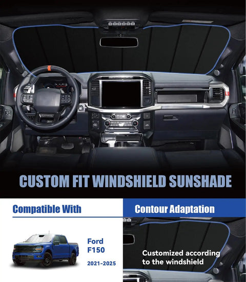 Ford F150 Windshield Sun Shade Custom Fit For 2021 To 2026, foldable window cover, dashboard view from inside truck