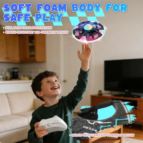 Child plays with UFO Hand Controlled Drone For Kids, Safe RC Toy With 7 LED Lighting Modes, living room setting, gesture control