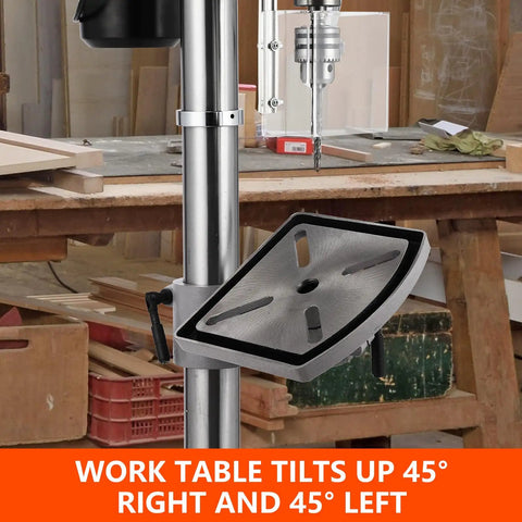 Get The 15 Inch Benchtop Drill Press With A Badass 7.5 Amp Pure Copper Motor For Precision Drilling On Wood And Metal In Your Home Workshop Or Garage Setup showing tilting work table.