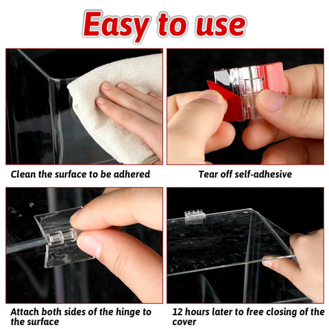 Clear Plastic Hinges 8 Pack Self Adhesive Acrylic Piano Hinges installation steps for aquarium or cabinet