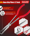 Middle hose grip pliers 1/2 inch with red handles, cross-hatched teeth, and bent design for hard-to-reach spark plug removal
