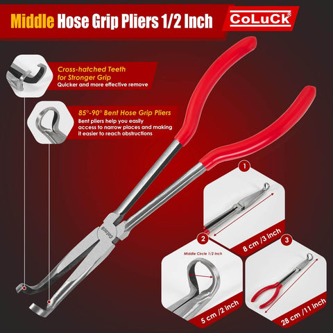 Middle hose grip pliers 1/2 inch with red handles, cross-hatched teeth, and bent design for hard-to-reach spark plug removal
