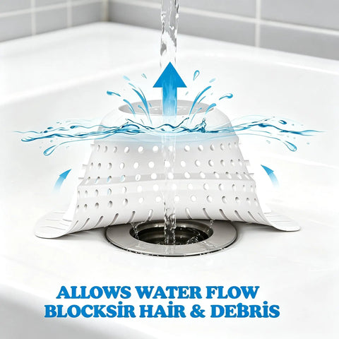 Bathtub Drain Strainer Silicone Bathroom Stopper Fixture in a sink, allowing water flow while blocking hair and debris.