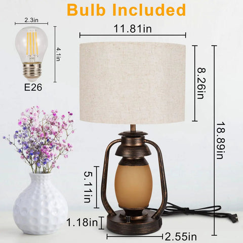 Set Of 2 Farmhouse Table Lamps With Dual USB Charging Ports And 4 Way Rotary Switch, Rustic Metal Nightstand Lights, Beige linen shade
