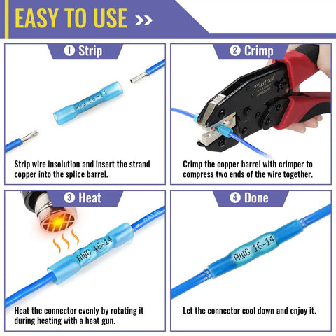 Instructional steps for using Blue Heat Shrink Butt Connectors Kit For Marine Wiring AWG 16 To 14