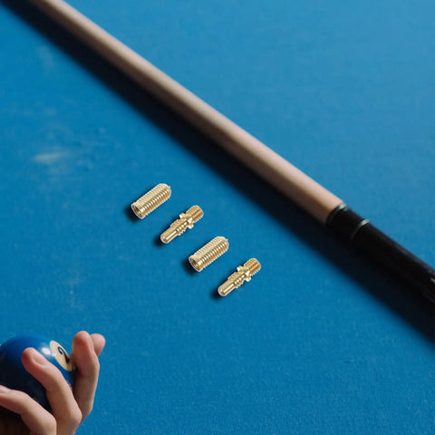 Heavy Duty Copper Billiard Cue Joint Screws 2 Sets on pool table with cue ball, gold color, 1.57x0.39 inch for shaft repair.