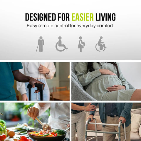 Collage of people using assistive devices and tools for everyday activities at home, promoting easier living.