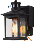 Motion Sensor Outdoor Porch Light With GFCI Outlet Built In Black Exterior Wall Lantern Dusk To Dawn Sconce Lighting Fixture
