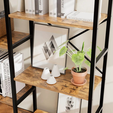 Four Tier Book Shelf With Sturdy Metal Frame Freestanding Modern Bookcase Display Shelves For Living Room Office Garage Big Capacity Storage For Books Lego Plants And Decor Rustic Brown Finish with books and decor.