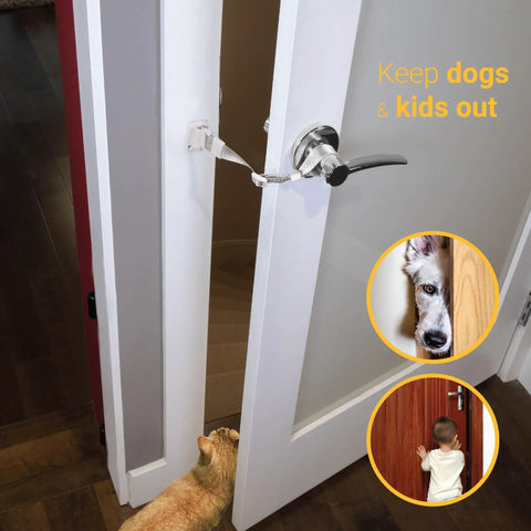 Upgraded Cat Door Latch And Stopper Adjustable White Pet Gate Alternative Dog Proof Door Strap Keeps Pups And Kiddos Out Of Litter Boxes And Food Bowls Simple One Hand Nighttime Grip on white door with cat.