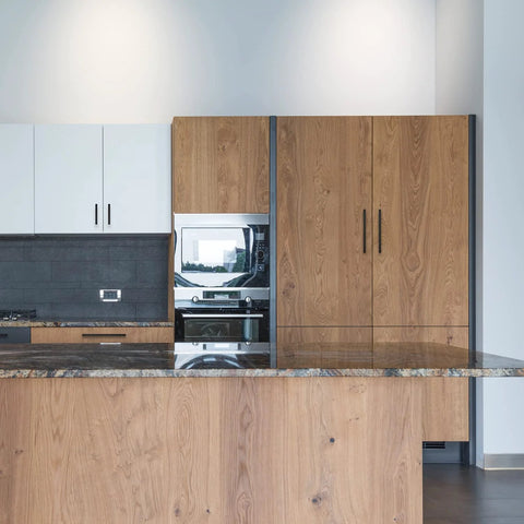 Modern kitchen with Matte Black 10 Inch Square Cabinet Pulls For Kitchen Cabinets And Drawers on wooden cabinets