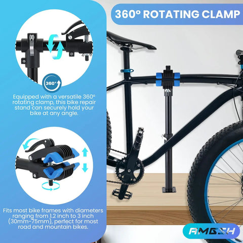 Height Adjustable Bike Repair Stand With Wall Mount Space Saving Workbench For Road And Mountain Bikes Durable 44Lb Capacity Adjustable Clamp Long Extendable Arm For DIY Bike Maintenance showing 360° rotating clamp and fit size details.