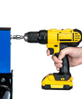 Person using drill on Mechanical Lift Bicycle Repair Stand For E Bikes, Cargo Bikes, And MTB, 120 Lb Capacity, Hand Crank Or Drill Powered.