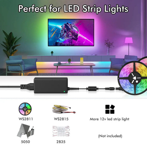 12V 5A DC Power Supply For LED Strip Lights, 60W AC To DC Converter, image of setup with various LED lights in a room.