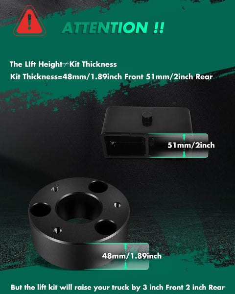 Dodge Ram 1500 2006-2008 3 Inch Front And 2 Inch Rear Leveling Lift Kit with dimensions and component details.