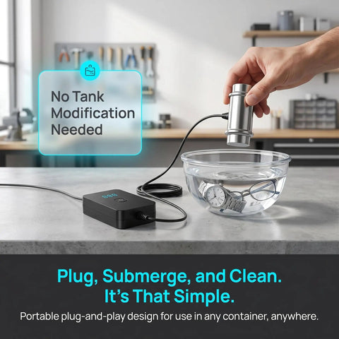 Straight Up Powerful 120W Ultrasonic Cleaner With Stainless Steel Tank And 5 Minute Timer, in use with jewelry in a water-filled bowl.
