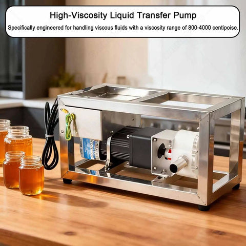 Heavy Duty Viscous Liquid Transfer Pump For Food Grade Fluids Like Honey Syrup And Thick Oils, Beast Mode Flow At 6-10 Kg/Min, Handles 800-4000 Cp, Gear Pump For Food Processing. Stainless steel pump on countertop beside honey jars.