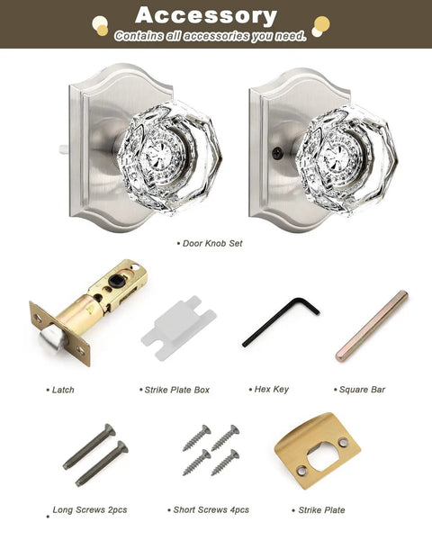 Clear Octagon Crystal Glass Door Knob Kit With Keyless Passage Handle For Hallway, Closet, Pantry, Satin Nickel Arched Rosette, accessories