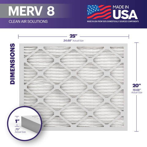 20x25x1 Air Filter MERV 8 6 Pack Made In USA Electrostatic Top Notch Pleated Filter Dimensions Diagram