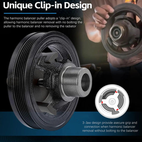 Crank Pulley Puller Kit close-up with 3-jaw clip-in design for LS Engines and Chrysler Dodge Jeep vehicles, harmonic balancer removal tool