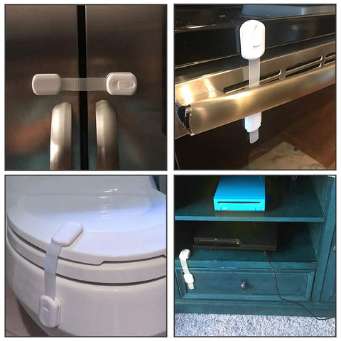 12-Pack No-Drill Child Safety Cabinet Locks With Adjustable Adhesive Straps on fridge, oven, toilet, and cabinet