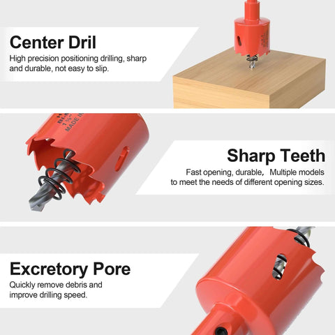 XDENGP 6-piece bi-metal hole saw kit with orange cutters, sizes 5/8-1-3/8 inches, for wood, plastic, drywall, soft metal