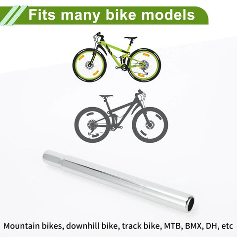 Universal 25.4x250mm Silver Tone Bike Seat Post with images of compatible mountain and track bikes