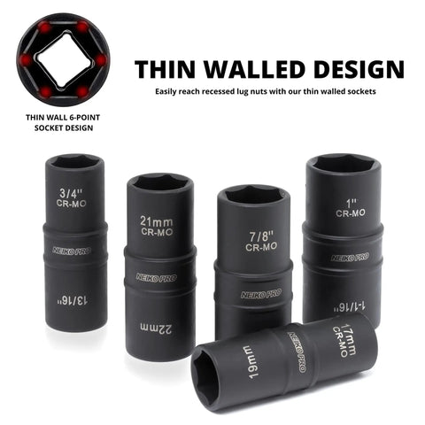 Six Piece Half Inch Drive Impact Socket Set For Any Job With Ten SAE And Metric Sizes showcasing thin wall design