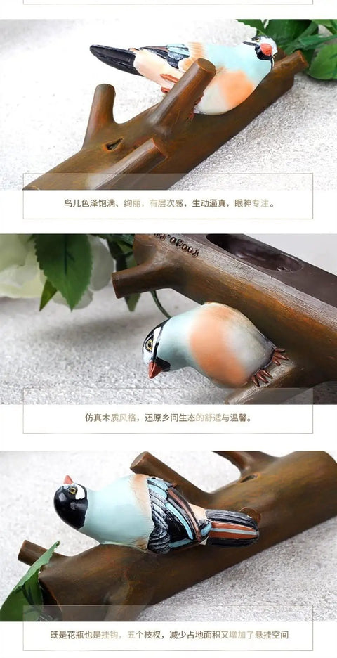 Realistic decorative bird figurines perched on a wooden branch, enhancing home decor with natural elegance.