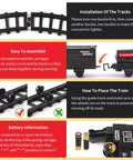 Diagram showing installation, assembly, alignment, and battery instructions for Electric Train Set For Kids With Steam Locomotive And Cargo Cars.