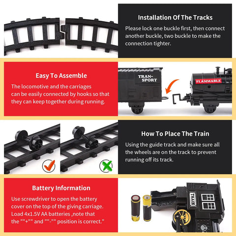 Diagram showing installation, assembly, alignment, and battery instructions for Electric Train Set For Kids With Steam Locomotive And Cargo Cars.