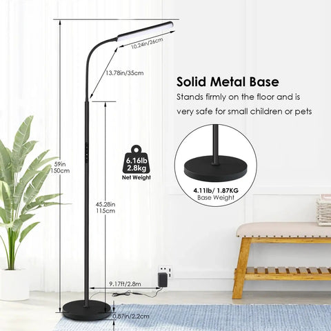 Ultra Bright 15W LED Floor Lamp With Remote And Touch Control standing in a living room showing height and weight details