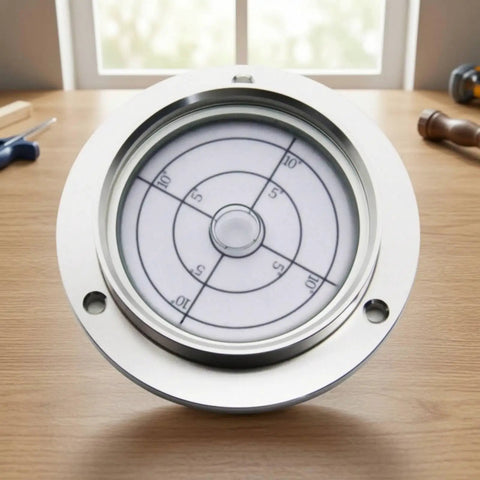 KiBcsLic Metal Circular Bubble Level | 80mm, Flange-Mounted Spirit Level, Precision, with circular scale and mounting holes.