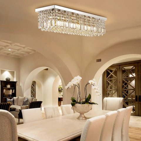 Rectangular Chandelier For Modern Dining Room And Kitchen Island, 6 Light Flush Mount With Luxury K9 Crystal Raindrop Crystals