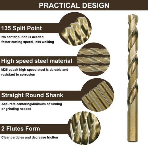 Close-up of practical design features of Cobalt Drill Bit Set 115 Piece Set M35 High Speed Steel Twist Jobber Bits with infographics.