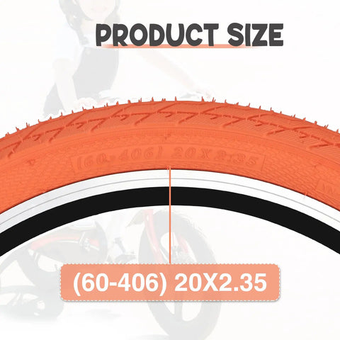 20x2.35 Bike Tire Set For BMX MTB Orange Folding Replacement Tire close-up showing 64-406 wheel size marking