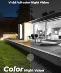 Outdoor PTZ Security Cam With 5MP HD Video For No Fuss Setup And 3X Optical Zoom Auto Tracking Smart Person And Vehicle Detection Color Night Vision With Built In Spotlight Dual Band WiFi E1 Outdoor showcasing color night vision comparison in a backyard setting.