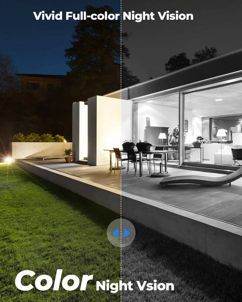 Outdoor PTZ Security Cam With 5MP HD Video For No Fuss Setup And 3X Optical Zoom Auto Tracking Smart Person And Vehicle Detection Color Night Vision With Built In Spotlight Dual Band WiFi E1 Outdoor showcasing color night vision comparison in a backyard setting.