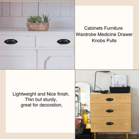 Six Pack Antique Black Cabinet Drawer Pulls With Three And A Half Inch Center To Center Hole Vintage Shell Metal Handles installed on kitchen cabinets and drawers.
