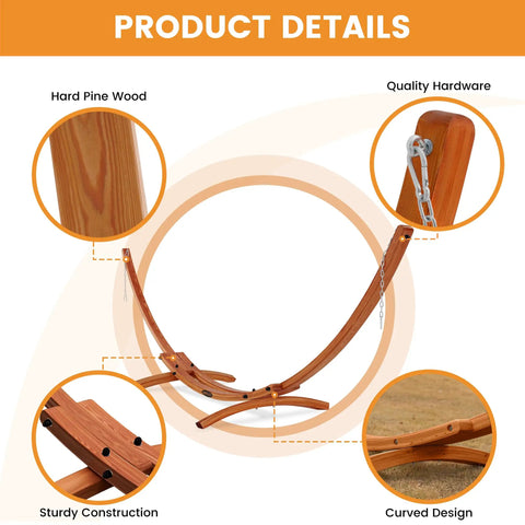 Sunbrella Fabric Hammock With 13 Ft Wood Arc Stand For Two People Outdoor Patio Setup All Weather Fade Resistant, 450 Lb Capacity, Free Pillow Included focusing on sturdy wood construction and curved design.
