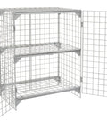 Rock Solid One Tier Two Door Wire Mesh Security Locker Cabinet With Adjustable Shelf Lockable Gray Steel Professional Storage Cage No Sweat Assembly For Garage Shop Workspace, featuring open doors and three shelves.